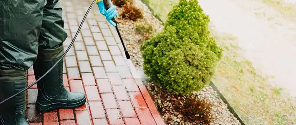 Pressure washer cleaning pavers in North Naples, FL.